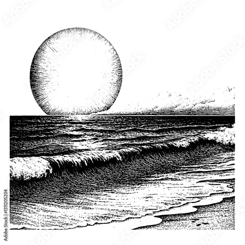 Engraved vector design of a sun setting over the ocean waves in a stylized tattoo art style photo