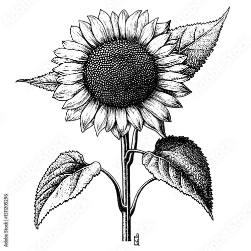 Engraved vector design of a sunflower with detailed leaves ideal for tattoo artwork