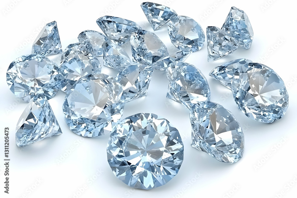 3D Render of Scattered Blue Diamonds on White Background 3D Render of Scattered Blue Diamonds on White Background