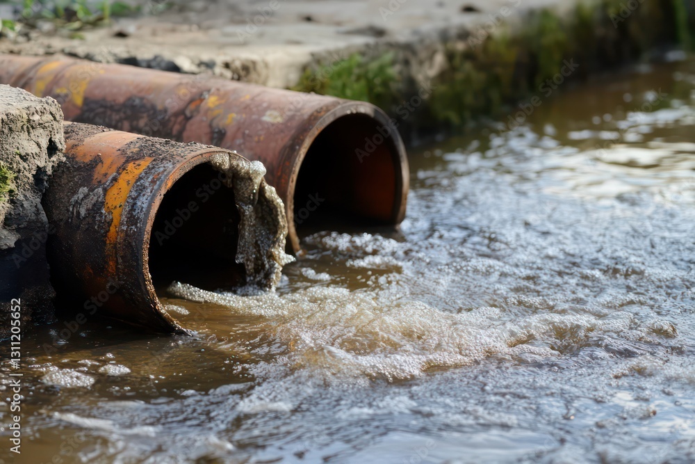 A heavily corroded drainpipe releasing wastewater into a dirty urban canal, symbolizing pollution concerns. A heavily corroded drainpipe releasing wastewater into a dirty urban canal, symbolizing pollution concerns.