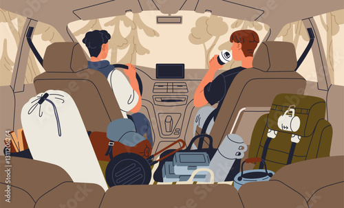 Car travel, road trip for camping adventure. Men friends inside auto vehicle with bags, luggage, back behind view. Campers tourists in journey, driving with baggage. Flat vector illustration