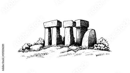 Engraved vector design of ancient stone monument with surrounding greenery perfect for tattoo inspirations