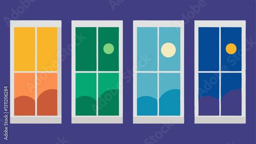 Time of Day Effect A sequence of four windows representing morning midday sunset and night each with varying levels of tint based on the time of day.
