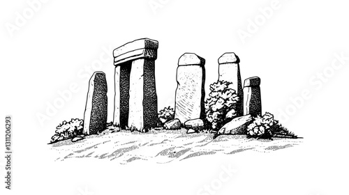 Engraved vector design featuring ancient stone monument surrounded by greenery suitable for tattoo art