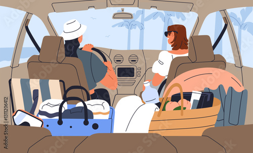 Women friends travel by car, way to sea beach on summer holiday. Back behind view, girls driver and passenger inside auto with bags. Road trip to seaside on vacation. Flat vector illustration