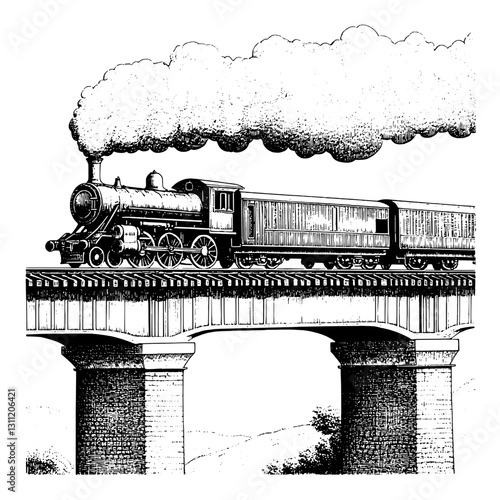 Engraved vector design of a vintage steam train crossing a bridge with billowing smoke in black and white
