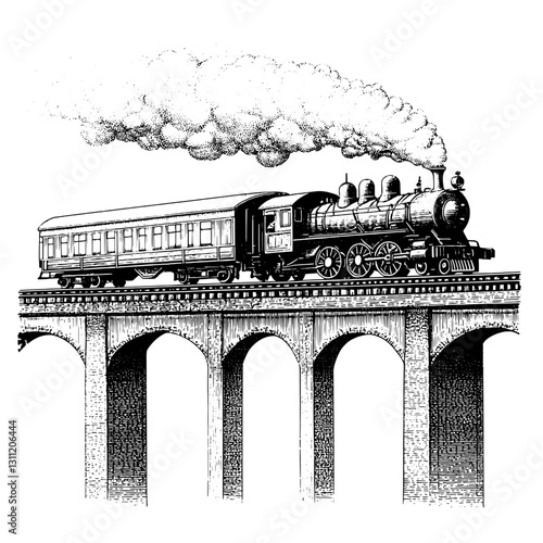 Vintage engraved vector of a steam locomotive crossing a bridge in an artistic tattoo design from the 19th century