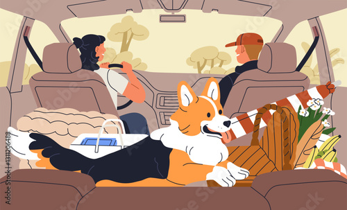 Couple travel by car with dog. Back view, man, woman and cute corgi puppy inside auto interior. Weekend trip with picnic baskets, summer adventure on holiday, vacation. Flat vector illustration