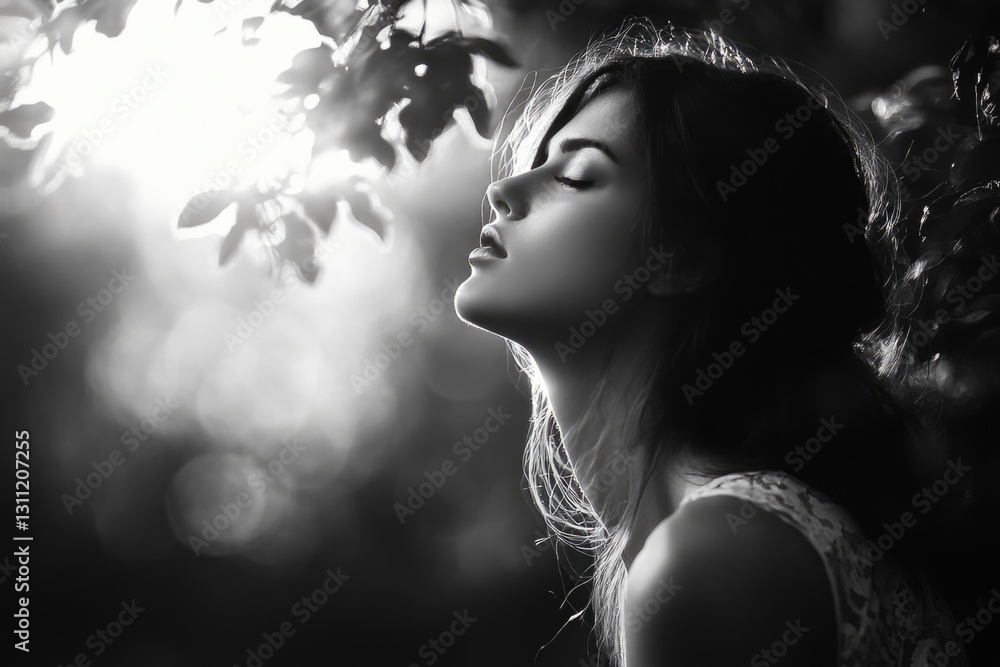 A woman sits or stands with her eyes closed, possibly meditating or deep in thought A woman sits or stands with her eyes closed, possibly meditating or deep in thought