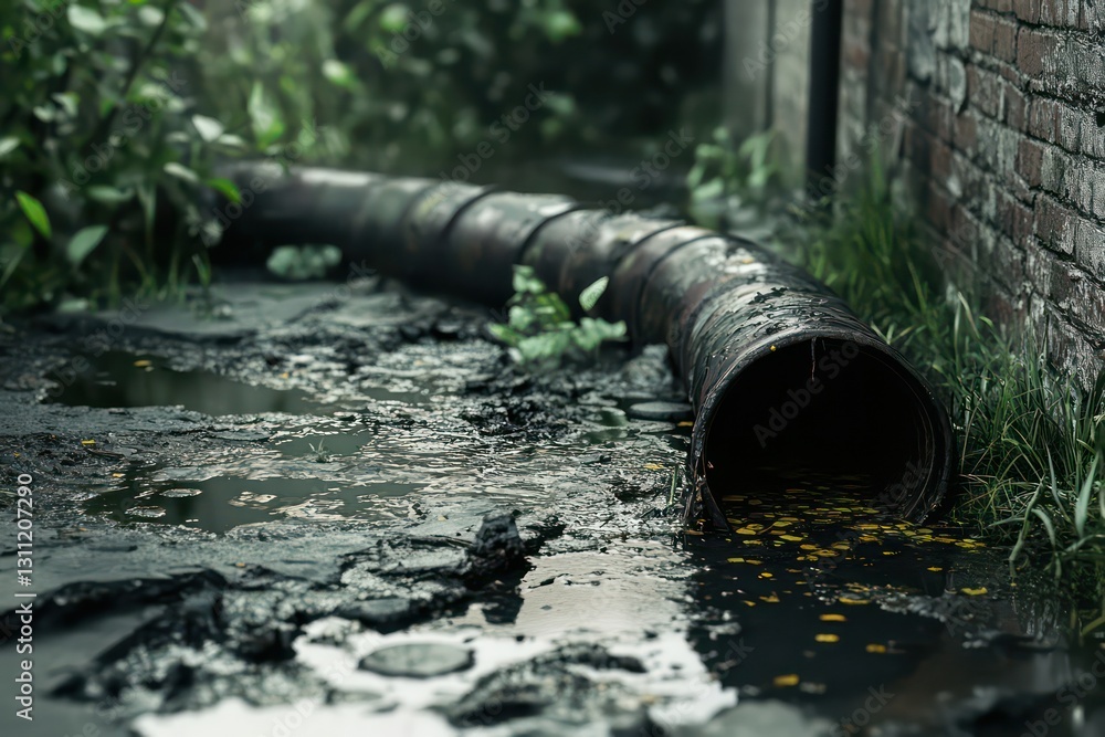 A high-detail 3D illustration of an overflowing sewage system leaking harmful chemicals into the ground. A high-detail 3D illustration of an overflowing sewage system leaking harmful chemicals into the ground.