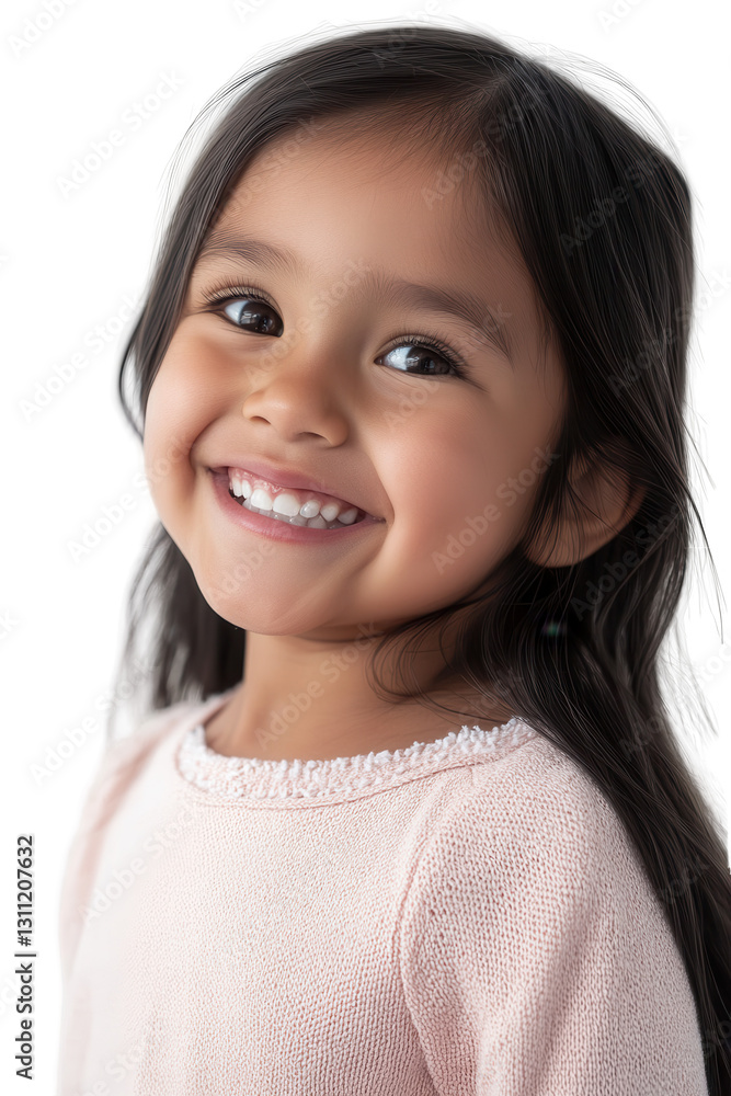 Smiling girl with long hair isolated on white background, joyful child portrait, happy young girl with cute expression, innocence and happiness in childhood. Smiling girl with long hair isolated on white background, joyful child portrait, happy young girl with cute expression, innocence and happiness in childhood.