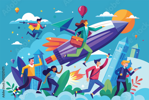 A group of people joyfully soar through the sky, showcasing various flying items and bright colors, People flying Customizable Semi Flat Illustration