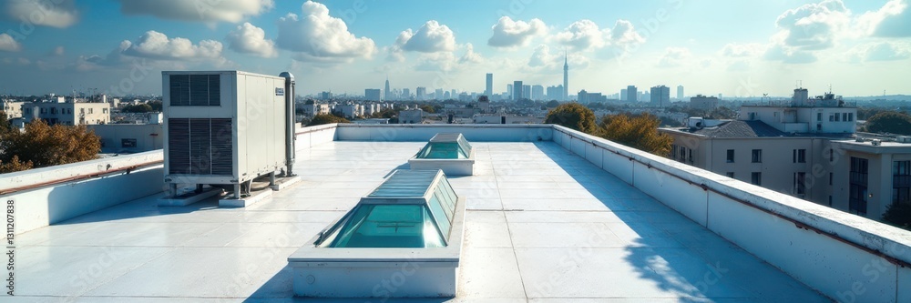 Fototapeta premium Complex rooftop infrastructure with HVAC and skylights, technology, skylights