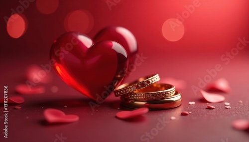 Close-up of intertwined red hearts, wedding bands, wedding, hearts entwined