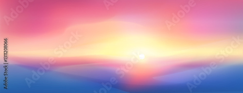 Purple landscape sunrise view with smooth gradient mountains or clouds silhouette in foreground. Bright sun in pink and yellow sky. Realistic dreamy minimalist horizon background with sunset.