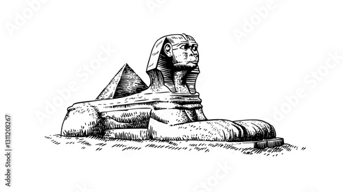 Engraved vector design of a sphinx statue near pyramid showcasing ancient architecture and artistry