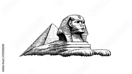 Engraved vector art depicting a majestic sphinx and pyramid in ancient Egypt showcasing intricate tattoo design