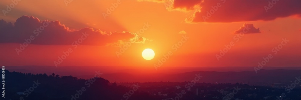Golden sun dips below horizon, paints sky fiery orange and pink hues, silhouette, horizon
