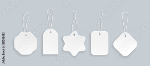 Blank paper price tags set isolated on background. Vector realistic illustration of empty white round, square, star shape badges hanging on string, sale or discount offer icon, gift card mockup
