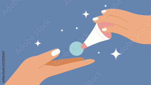 Treatment Application A hand applying a cream or gel to the cheek area with gentle upward strokes indicating a lifting effect surrounded by sparkles to suggest rejuvenation.