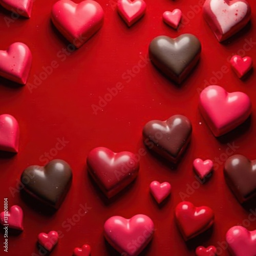 Heart-shaped chocolates arranged on red velvet , heart, affection, milk