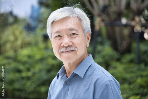 Obraz na plátne Confident and cool Asian senior man with white hair looking at you, green city o