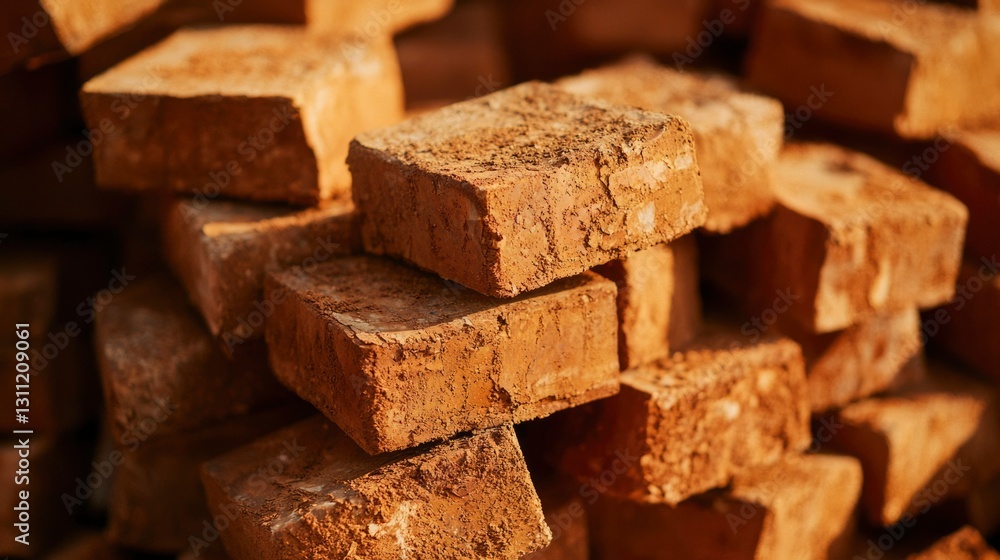 Stacked clay bricks for construction in warm light Stacked clay bricks for construction in warm light