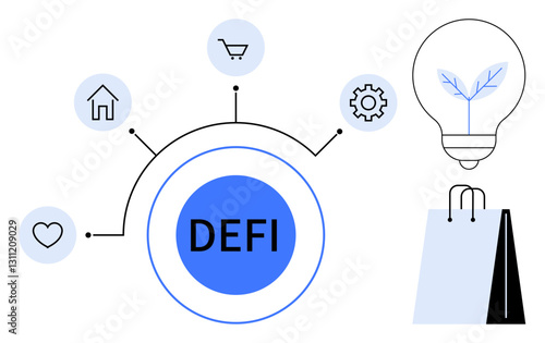 Circular DEFI hub connects housing, shopping cart, heart, and gear icons light bulb with leaf and shopping bag. Ideal for finance, innovation, sustainability, blockchain, fintech economy modern