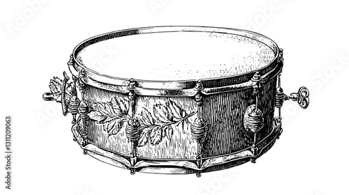 Engraved vector illustration of a classic drum with intricate leaf details and a detailed structure suitable for tattoo design