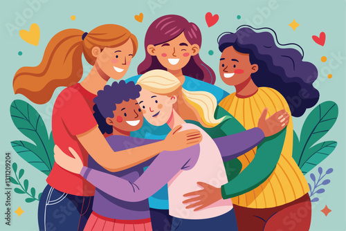 A diverse group of friends shares a warm hug, celebrating friendship and togetherness in a lively atmosphere, People hugging each other,