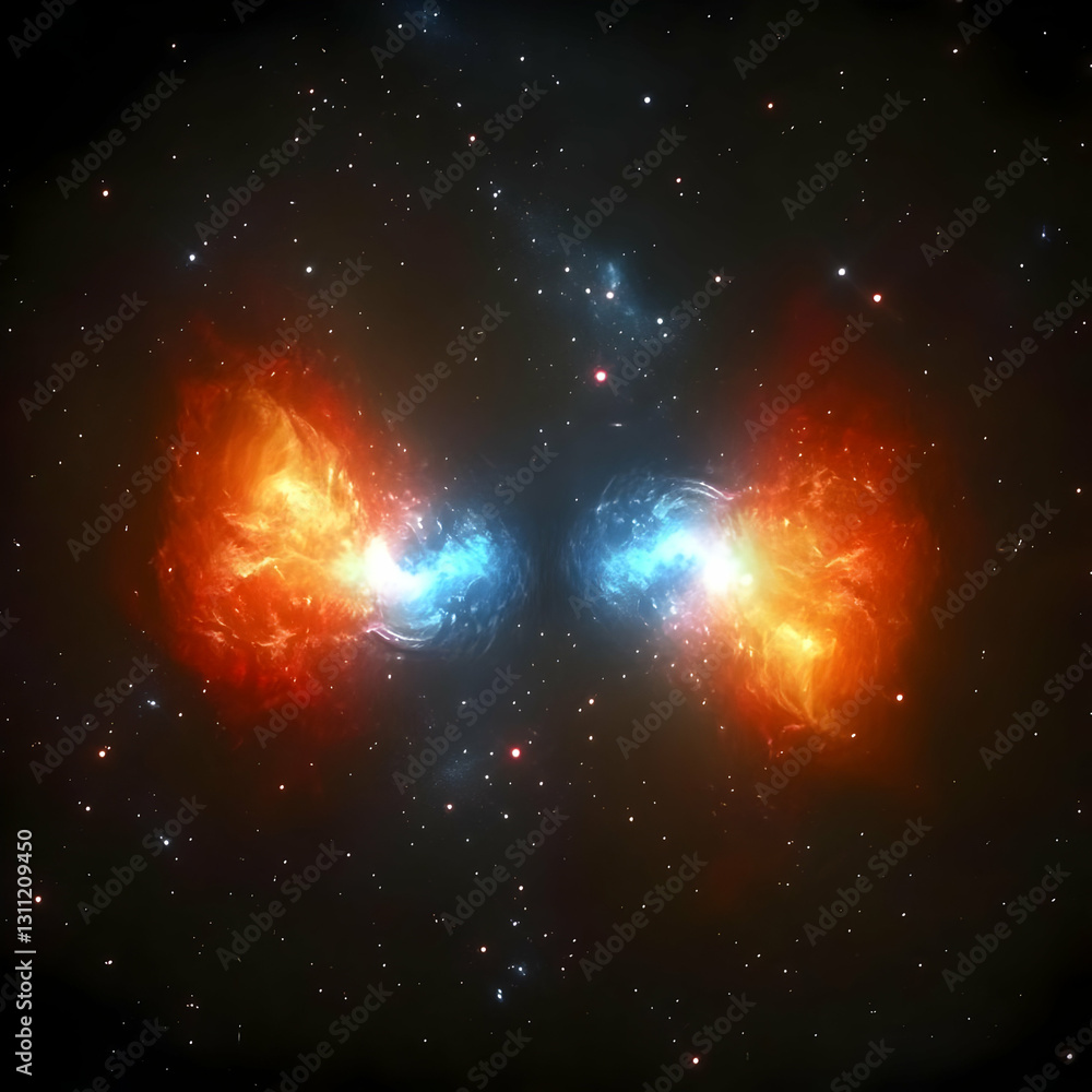 Naklejka premium Cosmic Nebula Red and Blue Celestial Entities in Deep Space