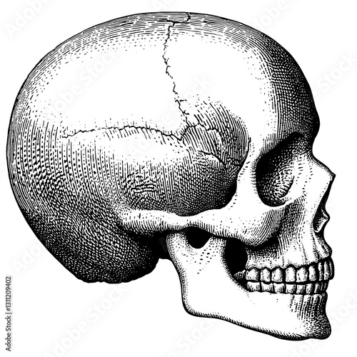 Detailed vector engraving of a skull profile suitable for tattoo design or artistic inspiration