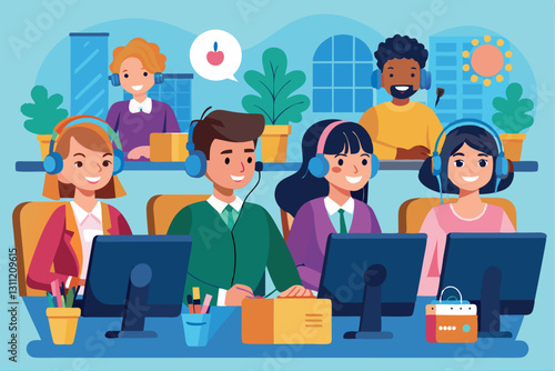 Several employees engage in customer support activities in a vibrant call center environment, People in call center,