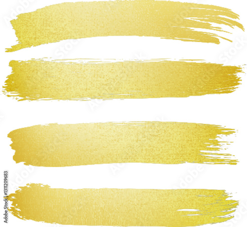 Gold foil brush strokes set on white background. Metallic paint texture with horizontal smears with various shimmer. Luxury design elements for wedding invitations, headers or digital scrapbooking.