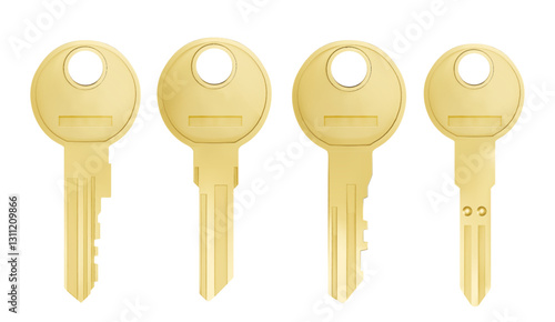 Realistic gold keys on white background. Set of circular head unlock devices with different teeth patterns design. Realistic metallic security objects for door locks, safes or residential access.