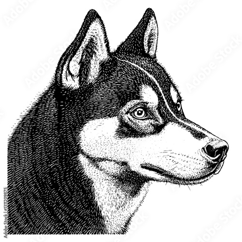 Engraved black and white vector illustration of a husky dog’s profile showcasing intricate design details