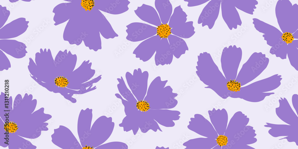 Fototapeta premium Hand drawn purple cosmos cosmea flower seamless pattern. Exotic floral pattern design for fabric, textiles, clothing, wrapping, cover, decor, backgrounds.