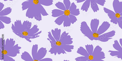 Hand drawn purple cosmos cosmea flower seamless pattern. Exotic floral pattern design for fabric, textiles, clothing, wrapping, cover, decor, backgrounds.