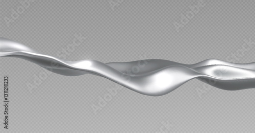 Chrome metal wave with smooth flowing curves on transparent background. Shiny silver surface with light reflections. Elegant metallic ribbon shape for luxury product design or tech interface elements.