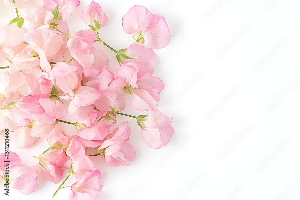 Pink sweet pea flowers lay on white surface. Copy space for greetings, invitations Pink sweet pea flowers lay on white surface. Copy space for greetings, invitations