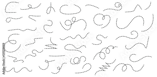 hand-drawn dotted line element set. curved and twisted dashed paths