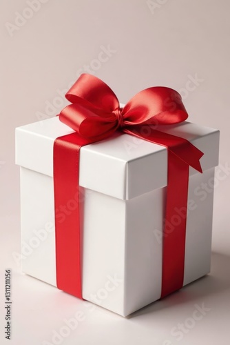 Elegant white gift box, tied with a vibrant red bow , occasion, texture, detail