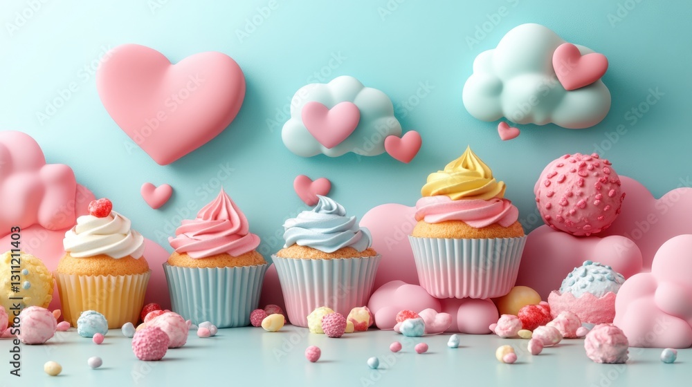 Delightful Cupcake Array with Soft Pastel Colors and Whimsical Heart Decorations for Celebrations Delightful Cupcake Array with Soft Pastel Colors and Whimsical Heart Decorations for Celebrations