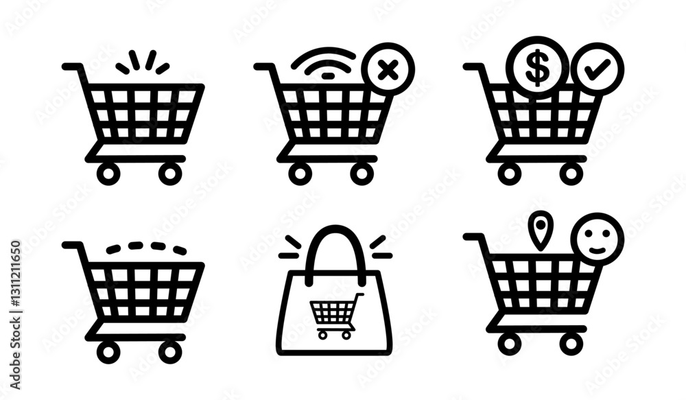 Shopping cart icons illustrating online shopping features and user interactions with digital carts Shopping cart icons illustrating online shopping features and user interactions with digital carts