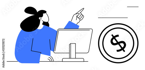 Woman pointing while working on desktop computer, dollar sign representation nearby. Ideal for finance, planning, business strategy, investment, budgeting, decision-making, earning visualization