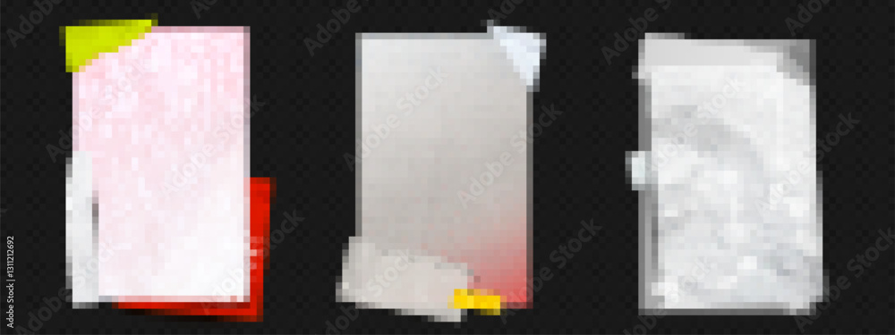 Fototapeta premium Punk grunge paper sheets with halftone textures on transparent backdrop. Torn edges, crumpled surfaces with grid patterns. Realistic adhesive tape fragments. Raw aesthetic elements for urban design.