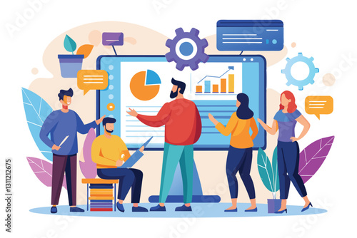 A group of individuals engages in discussion while analyzing data on a large screen in an office, People looking at a project on a large screen