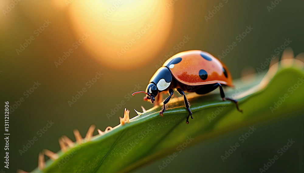Artistic Macro Shot of a Ladybug Crawling Along a Leaf’s Curve, Intricate Wing Details Visible, Softly Lit by Golden Hour Sunlight for a Warm and Inviting Mood Artistic Macro Shot of a Ladybug Crawling Along a Leaf’s Curve, Intricate Wing Details Visible, Softly Lit by Golden Hour Sunlight for a Warm and Inviting Mood