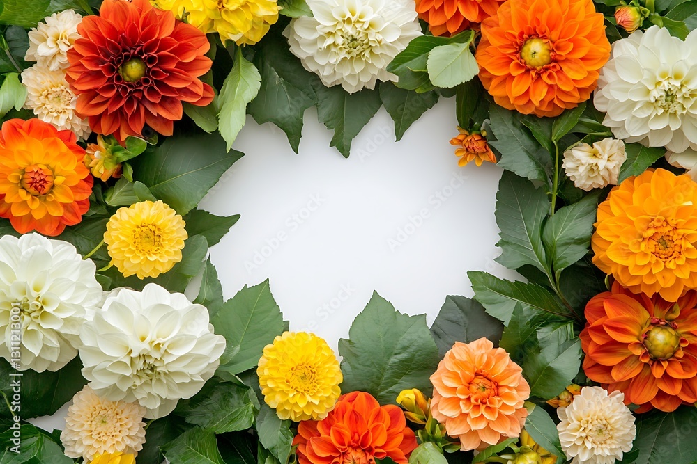 Fototapeta premium Dahlias wreath with leaves on white backdrop. Use for cards, announcements, etc