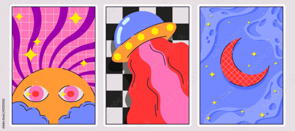 Groovy space poster set with orange sun on pink grid, UFO with red flow light on checkered pattern, crescent on blue starry sky. Retro cosmic collection with vibrant colors for banner design. Groovy space poster set with orange sun on pink grid, UFO with red flow light on checkered pattern, crescent on blue starry sky. Retro cosmic collection with vibrant colors for banner design.